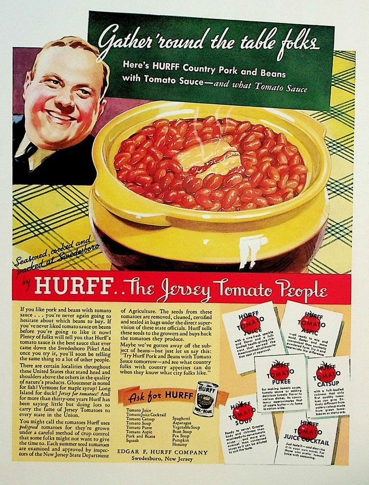 A Hurff advertisement headed Gather ’round the table folks: a smiling man beside a yellow crock of pork and beans, above a red banner reading Hurff, The Jersey Tomato People.