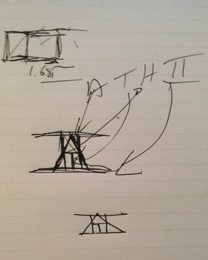 A notebook page in black ink: a small golden rectangle marked 1.68, the letters A, T, H and II with arrows into a drawing of the mark, and a smaller mark below.