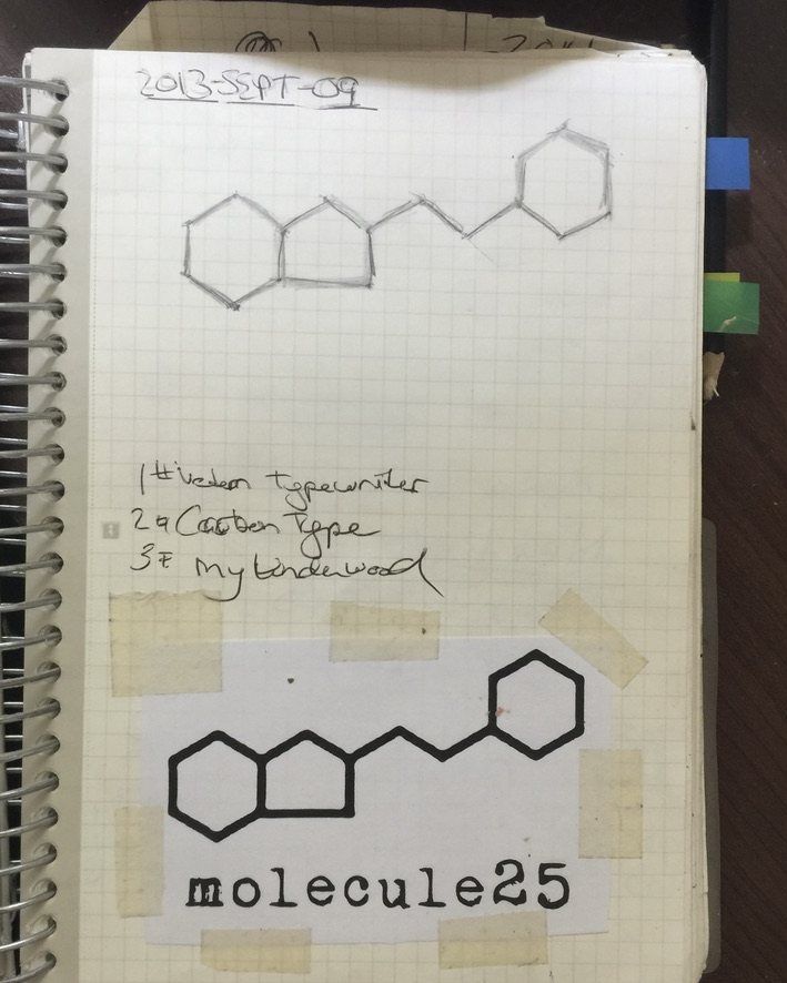 A notebook page dated 2013-SEPT-09 with a drawn molecule and the typewriter wordmark molecule25.